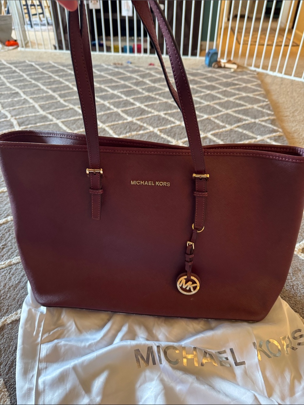 Michael Kors Wine Saffiano Leather Tote with Gold Hardware